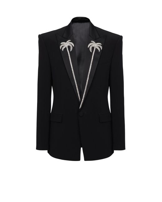 Balmain Black 1-Button Jacket With Embroidered Palm Tree Collar for men