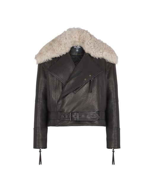Balmain Black Leather Jacket With Shearling Collar for men