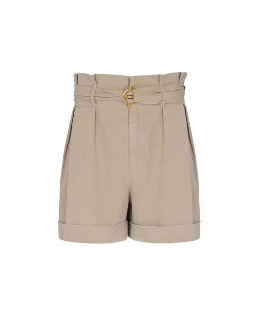 Balmain Natural Cotton And Linen Bermuda Shorts With T-Bar Belt for men