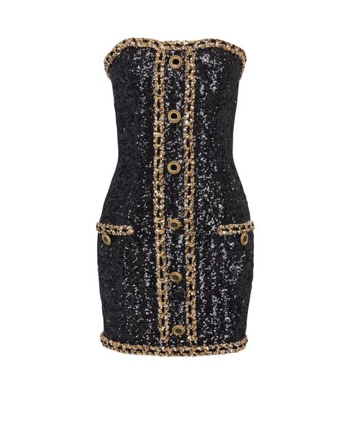 Balmain Black Bustier Dress With Sequin Embroidery