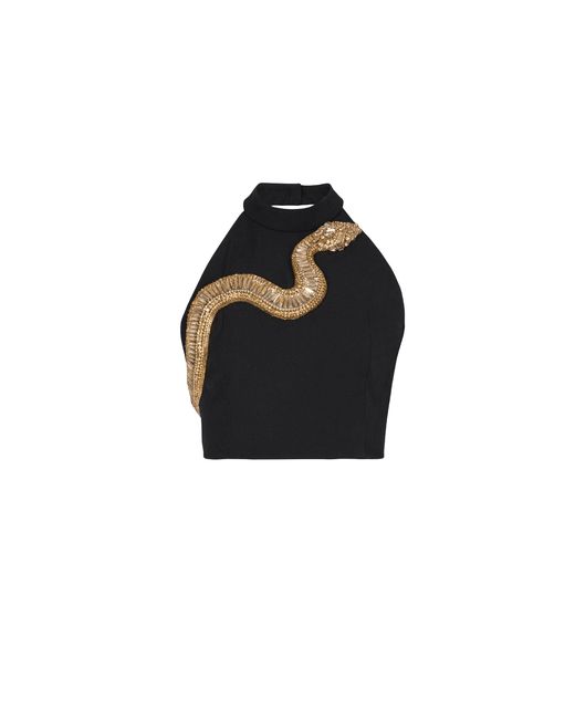 Balmain Black Embroidered Wool Crop Top