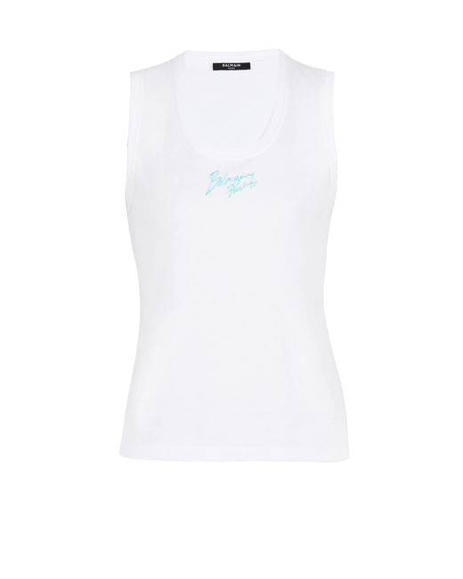 Balmain White Relaxed Tank Top With Paris Brush Print
