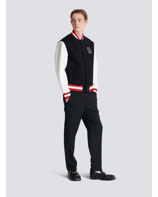 Balmain Blue Varsity Wool And Faux Leather Jacket for men