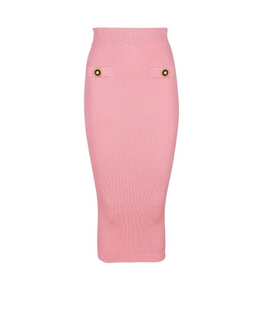 Balmain Pink Einfarbiger, Gerippter Midirock