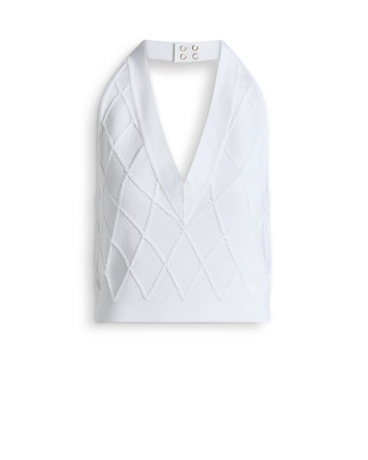 Balmain White Quilted Knit Halterneck Top