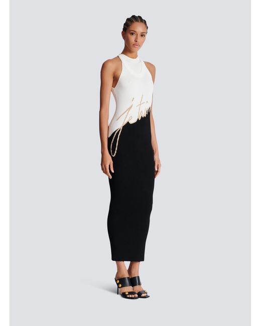 Balmain Black Long "Love Letter" Jacquard Knit Dress