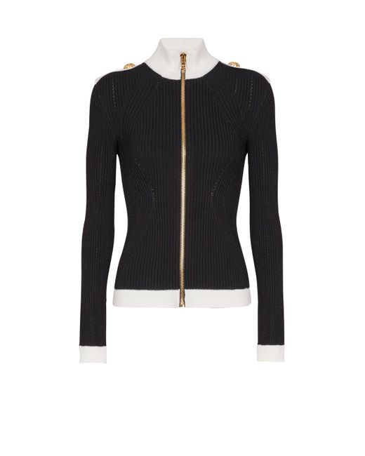 Balmain Black Zipped High-Neck Knit Cardigan