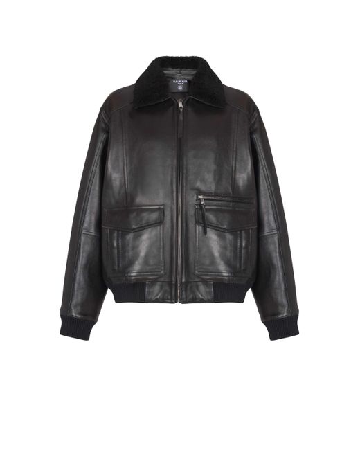 Balmain Men's Black Lambskin Aviator Bomber Jacket