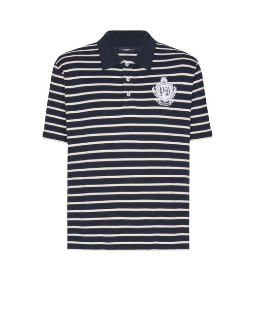 Balmain Blue Striped College Emblem Polo for men