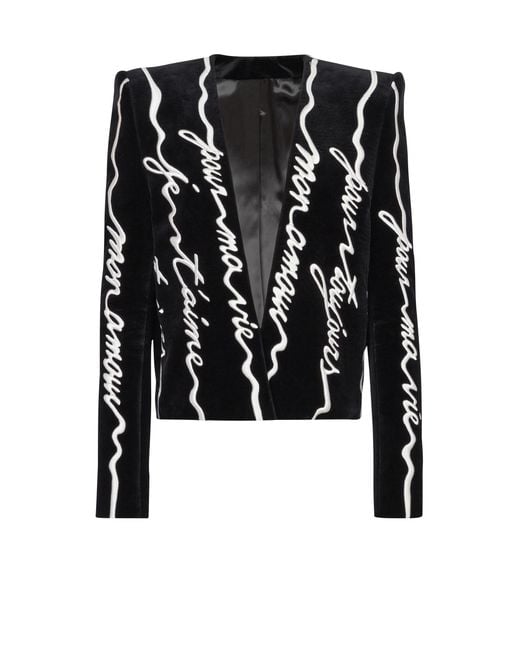 Balmain Black Cropped Velvet Jacket With All-Over "Love Letter" Embroidery for men