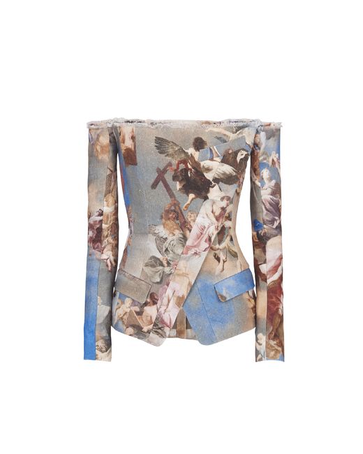Balmain White Sky Printed Off-The-Shoulder Canvas Jacket