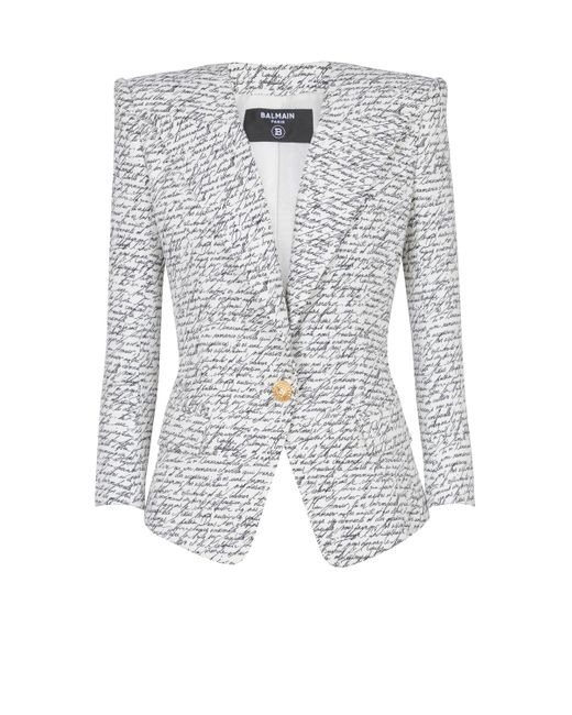 Balmain White Jacke Mit Einem Knopf Und „Lettre D'Amour"-Print