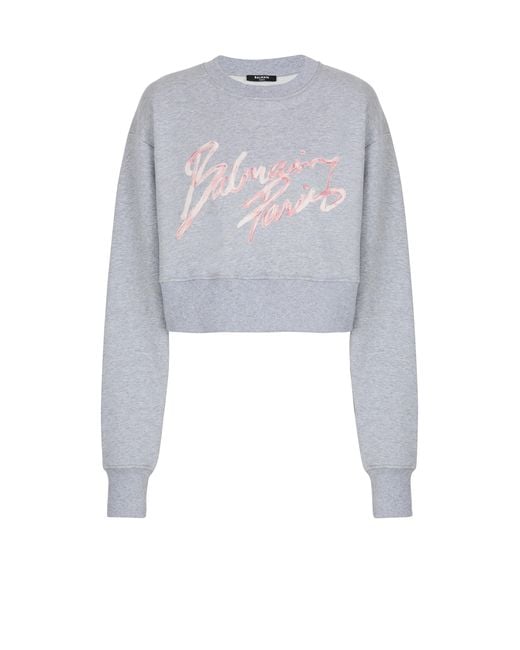Balmain White Cropped Printed Cotton Sweatshirt