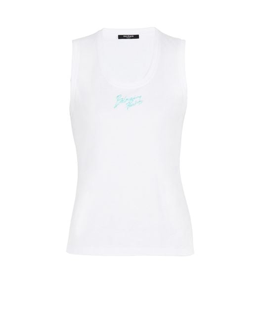 Balmain White Relaxed Tank Top With Paris Brush Print