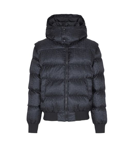 Balmain Blue Cropped Monogram Jacquard Padded Jacket for men