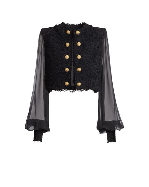 Balmain Black Cropped Tweed And Muslin Jacket