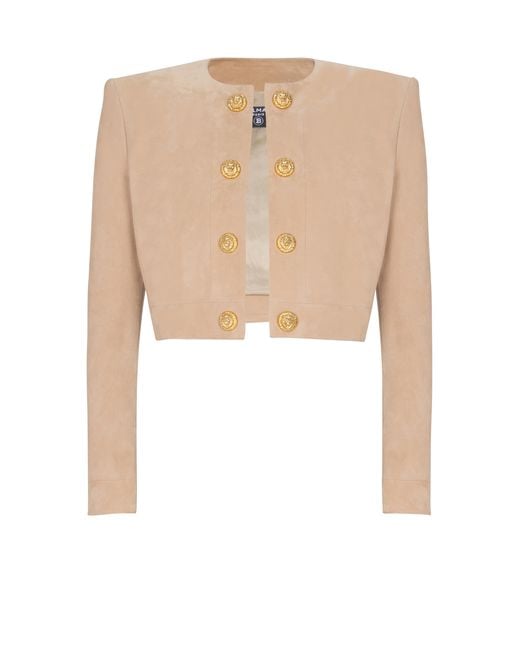 Balmain White Cropped Suede Leather Jacket