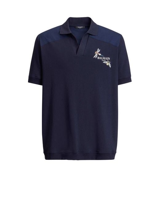 Balmain Blue Embroidered Insect Polo for men