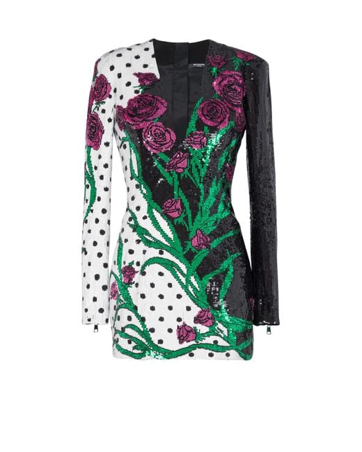 Balmain Green Short Embroidered Roses And Polka Dots Dress