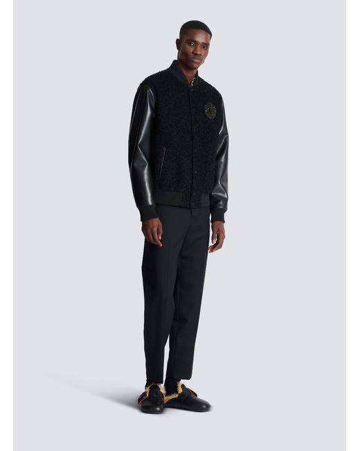 Balmain Blue Varsity Tweed And Faux Leather Jacket for men