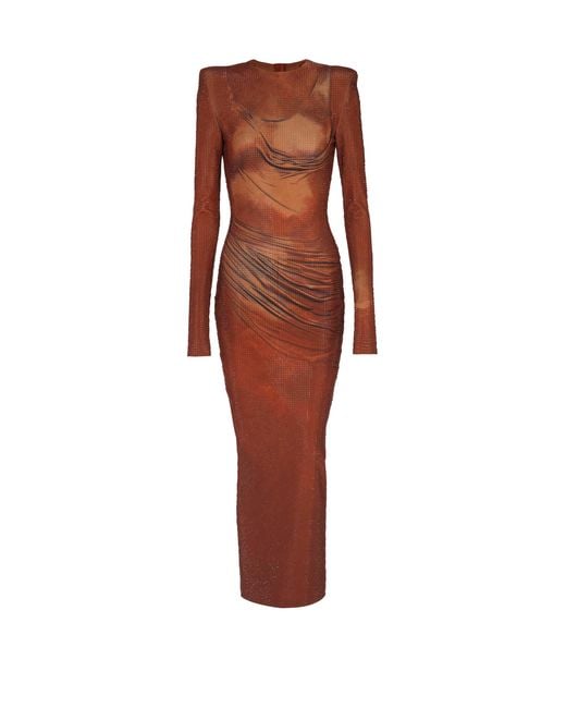 Balmain Brown Printed Long Rhinestone Dress