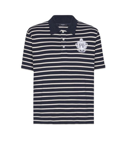 Balmain Blue Striped College Emblem Polo for men