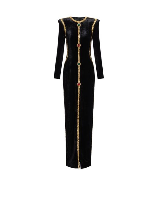 Balmain Black Long Embellished Velvet Dress