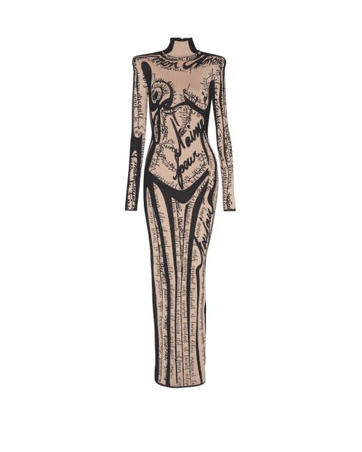 Robe Longue En Maille À Motif Trompe-L'Œil Corps Balmain en coloris White