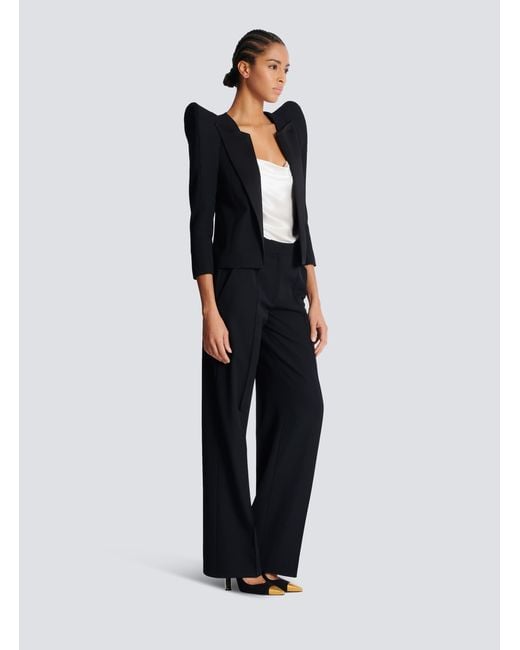 Balmain Black Cropped Grain De Poudre Jacket With Structured Shoulders