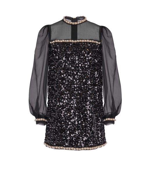Balmain Black Chiffon And Beaded Sequin Dress