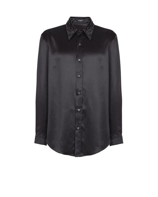 Balmain Blue Silk Shirt With Crystals for men