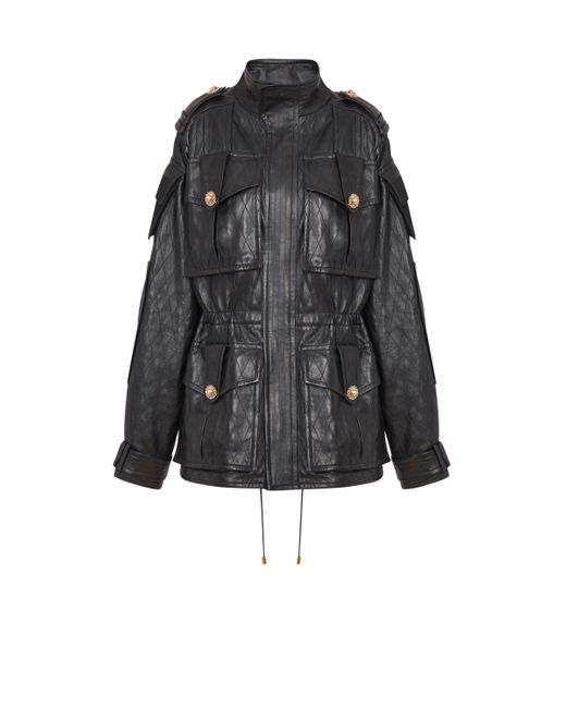 Balmain Black Lambskin Leather Parka With Topstitched Diamond Pattern