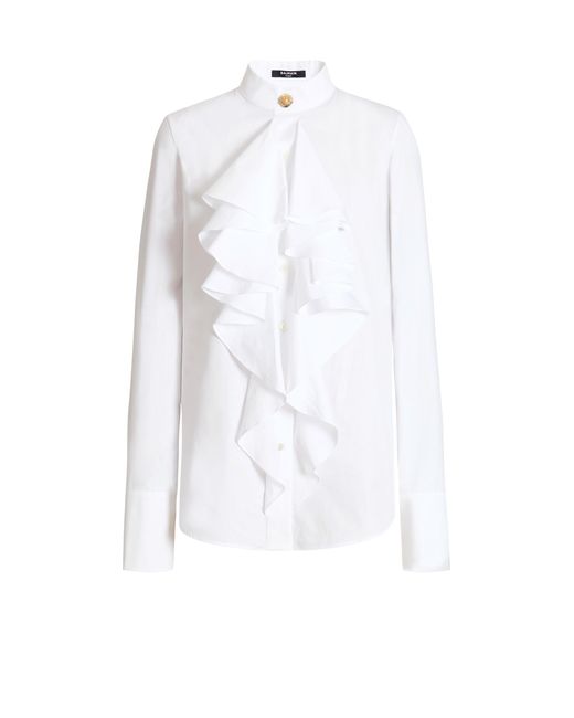 Balmain White Ruffled Poplin Shirt
