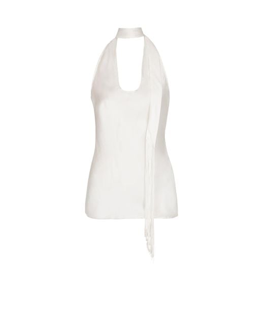 Balmain White Backless Fringed Satin Top