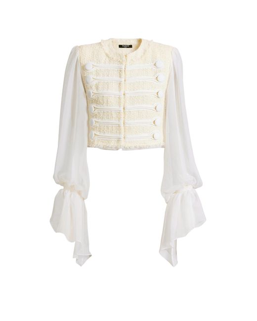 Balmain White Cropped Tweed And Muslin Jacket