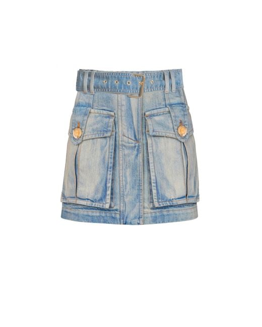 Jupe En Denim À Poches Balmain en coloris Blue