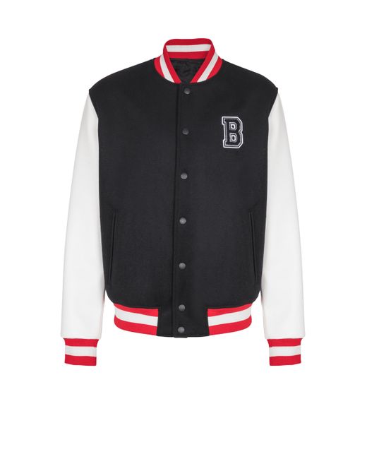 Balmain Blue Varsity Wool And Faux Leather Jacket for men