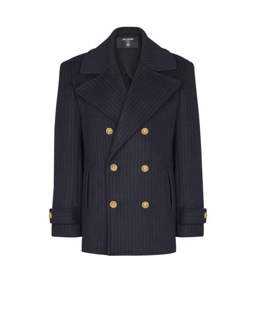 Balmain Blue Short Striped Wool Pea Coat for men