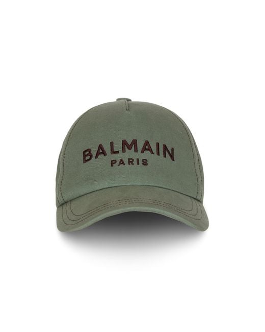 Balmain Green Cotton Cap With Paris Embroidery for men