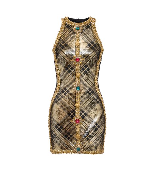 Balmain Natural Short Sleeveless Dress With Plaid Embroidery
