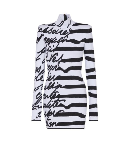 Balmain White Striped "Love Letter" Jacquard Knit Dress