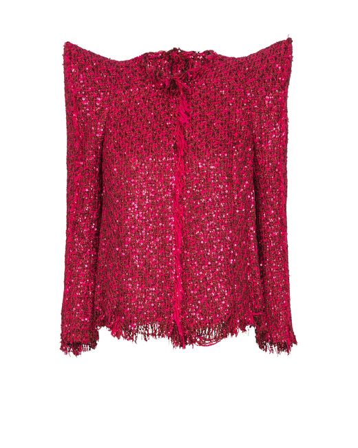 Balmain Red Edge-To-Edge Sequin Tweed Jacket