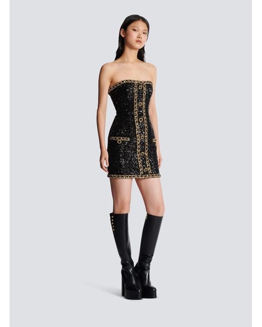 Balmain Black Bustier Dress With Sequin Embroidery