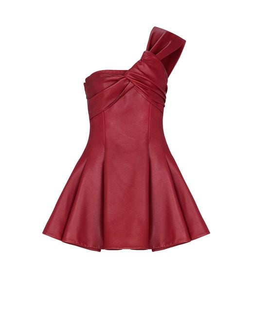 Balmain Red Smooth Leather One-Shoulder Dress