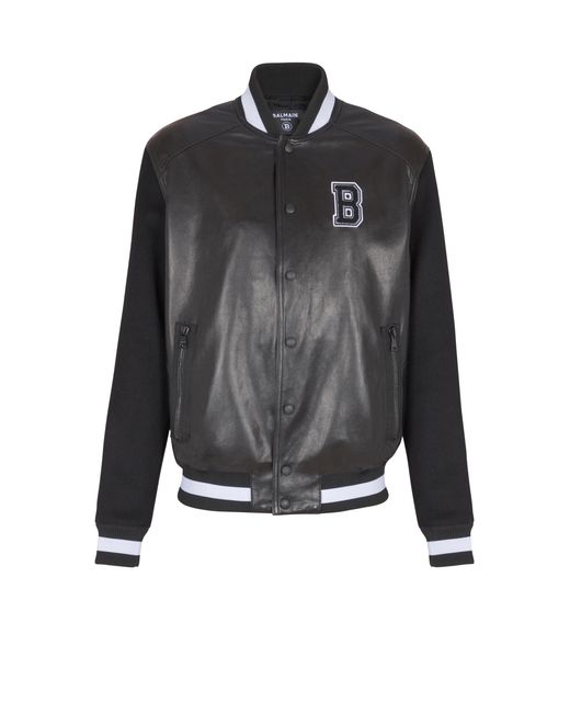 Balmain Black Varsity Lambskin Leather And Wool Jacket for men