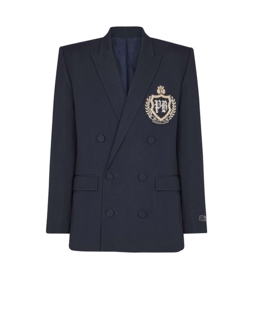Balmain Blue Wool Blazer With Crystal Patch for men