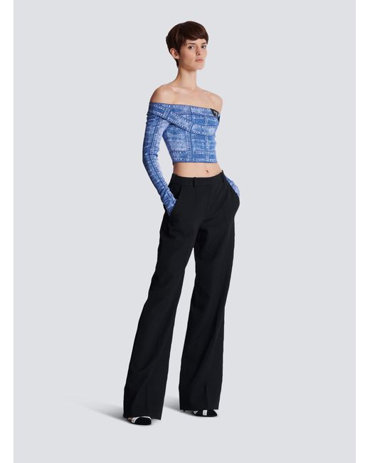 Top En Denim Trompe-L'Œil, Double Col, Manches Longues Balmain en coloris Blue