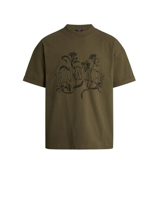 Balmain Green Printed Bloom T-Shirt for men