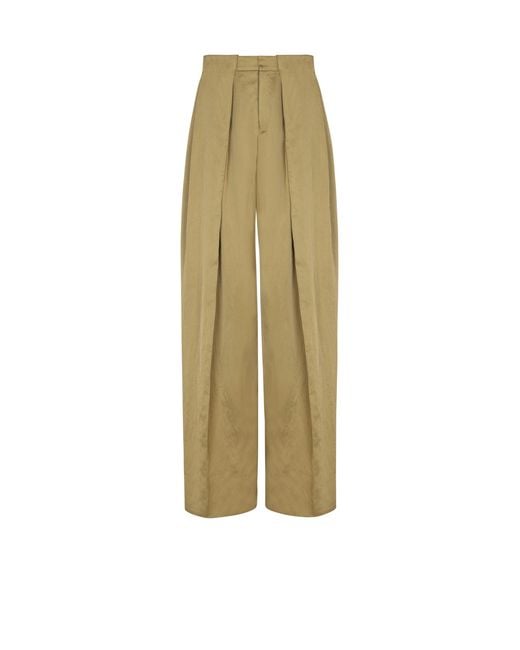 Balmain Natural Satin-Finish Trousers With Wide Knife Pleats for men