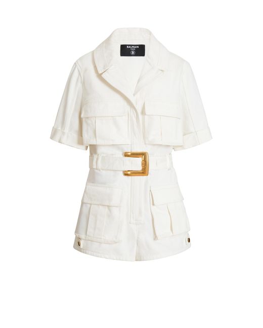 Balmain White Belted Denim Playsuit